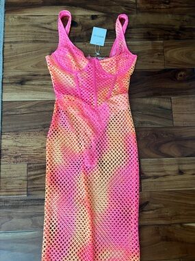 Neon Pink & Orange Mesh Midi Dress